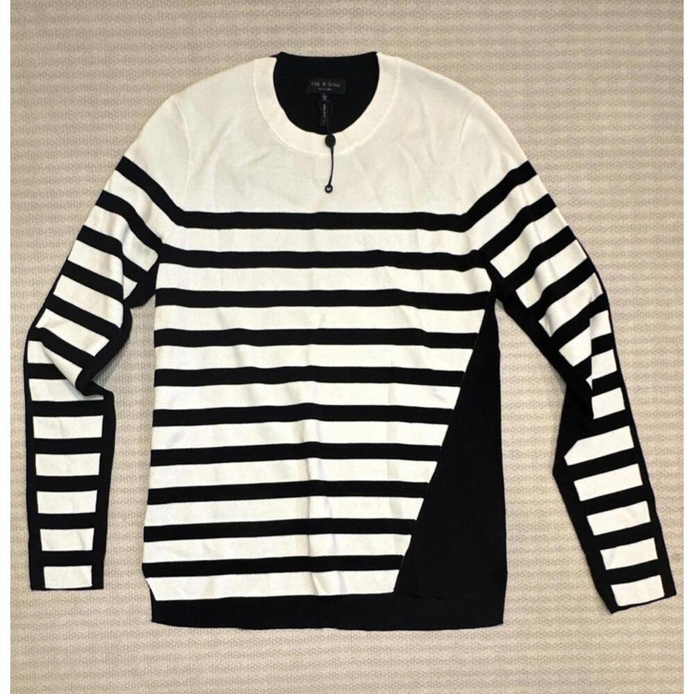 rag & bone Women's Striped Knit Pullover Sweater Black White Size L